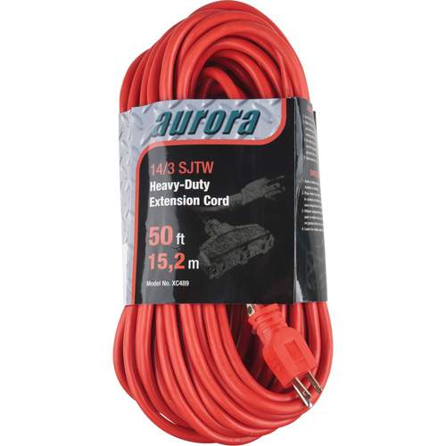 Aurora Tools XC489 Vinyl Extension Cord, Outdoor, SJTW, 14/3 AWG, 15 A, 3 Outlet(s), 50'