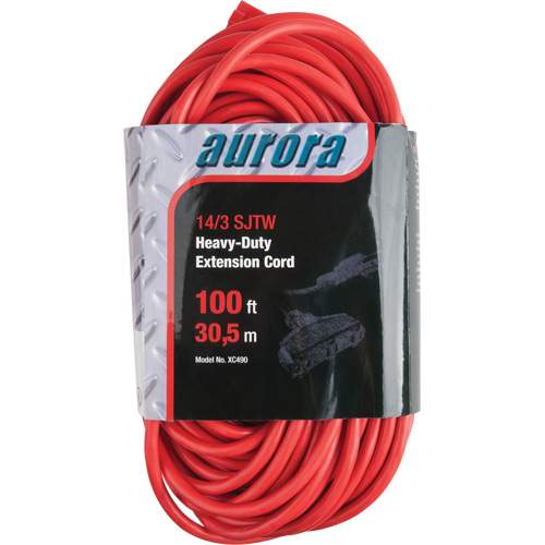 Aurora Tools XC490 Vinyl Extension Cord, Outdoor, SJTW, 14/3 AWG, 13 A, 3 Outlet(s), 100'