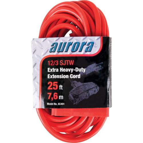 Aurora Tools XC491 Vinyl Extension Cord, Outdoor, SJTW, 12/3 AWG, 15 A, 3 Outlet(s), 25'
