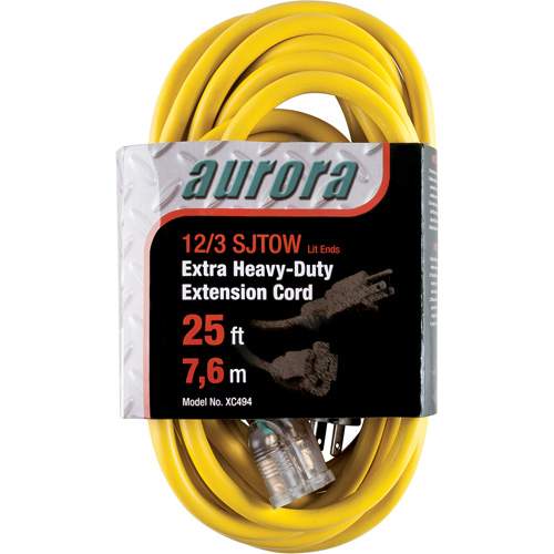 Aurora Tools XC494 Vinyl Extension Cord with Light Indicator, Outdoor, SJTOW, 12/3 AWG, 15 A, 25'