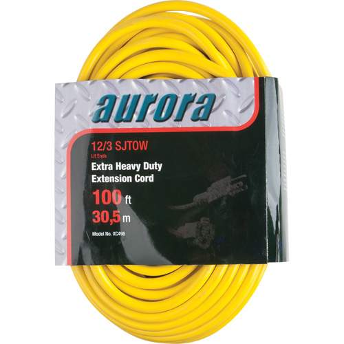Aurora Tools XC496 Vinyl Extension Cord with Light Indicator, Outdoor, SJTOW, 12/3 AWG, 15 A, 100'