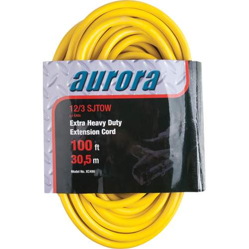 Aurora Tools XC499 Vinyl Extension Cord with Light Indicator, Outdoor, SJTOW, 12/3 AWG, 15 A, 3 Outlet(s), 100'