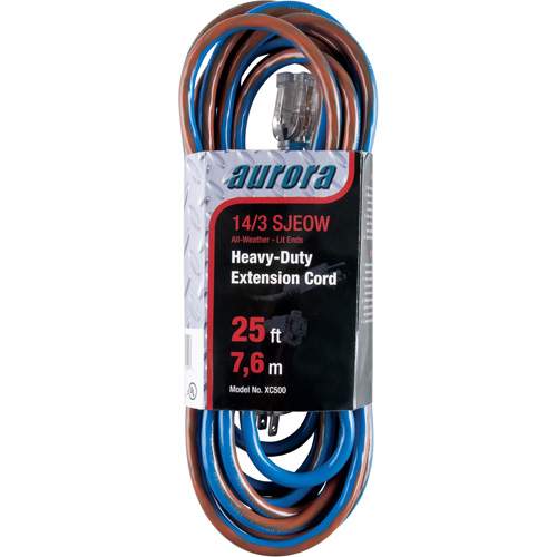 Aurora Tools XC500 TPE-Rubber Extension Cord With Light Indicator, All-Weather, SJEOW, 14/3 AWG, 15 A, 25'