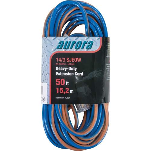 Aurora Tools XC501 TPE-Rubber Extension Cord With Light Indicator, All-Weather, SJEOW, 14/3 AWG, 15 A, 50'