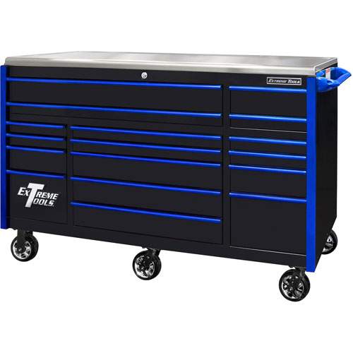 Extreme Tools EX7217RCQBKBL 72 Inch EXQ Series Professional Roller Cabinet, Black W/Blue Handles