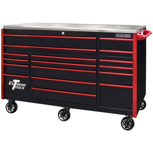 Extreme Tools EX7217RCQBKRD 72 Inch EXQ Series Professional Roller Cabinet, Black W/Red Handles