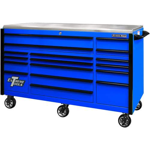 Extreme Tools EX7217RCQBLBK 72 Inch EXQ Series Professional Roller Cabinet, Blue W/Black Handles