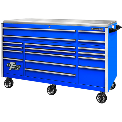 Extreme Tools EX7217RCQBLCR 72 Inch EXQ Series Professional Roller Cabinet, Blue W/Chrome Handles