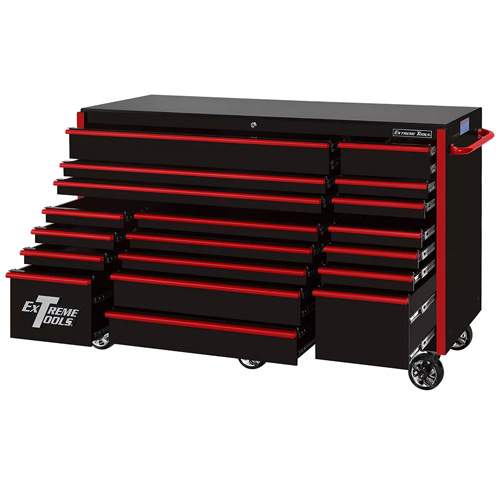 Extreme Tools RX722519RCBKRD-X RX Series 72” 19-Drawer Professional Triple Bank Roller Cabinet