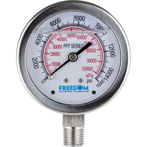 FREEDOM HYDRAULICS GS2514 2.5 Inch Face, Glycerin Filled Liquid Gauge, 15,000 PSI, 1/4 Inch NPTF