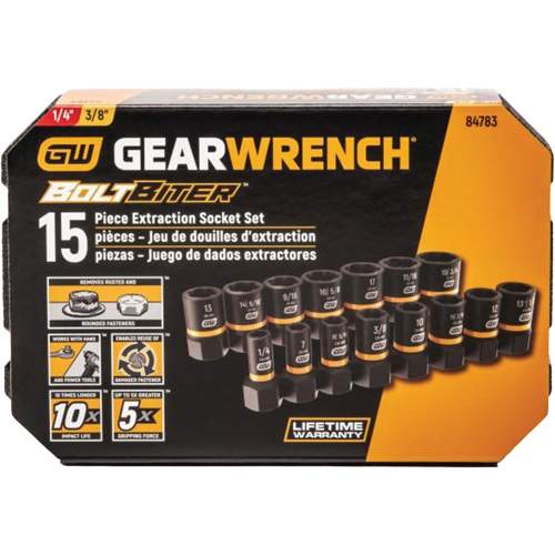 GearWrench KDT-84783 15 Piece 1/4" &amp; 3/8" Drive Bolt Biter Impact Extraction Socket Set