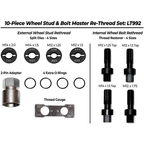 Lock Technologies LT992 10-Piece Wheel Hub Master Rethread Kit for Damaged External Stud / Internal Bolts