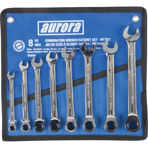 Aurora Tools TEQ834 Fixed Head Wrench Set, Combination, 8-piece, Metric