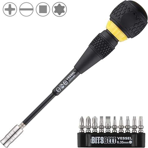 VESSEL TOOL 2200MBH120K01 Ball Grip Interchangeable Ratchet Screwdriver with 10-Piece Bit Set