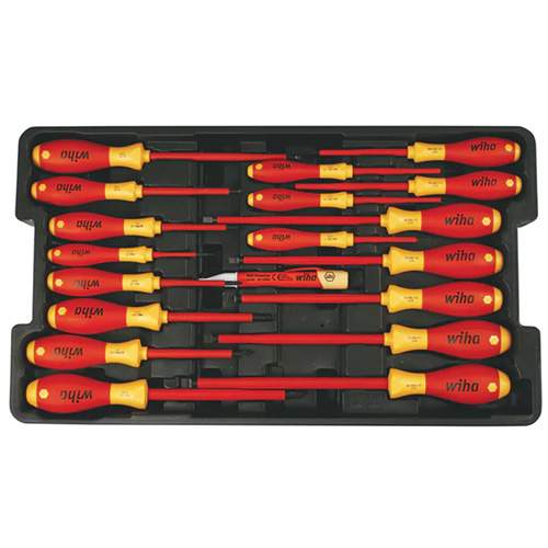 WIHA 32095 Insulated SoftFinish Screwdriver and Cat III Voltage Detector Set with Toolbox Tray