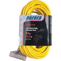 Aurora Tools XC498 Vinyl Extension Cord with Light Indicator, Outdoor, SJTOW, 12/3 AWG, 15 A, 3 Outlet(s), 50'